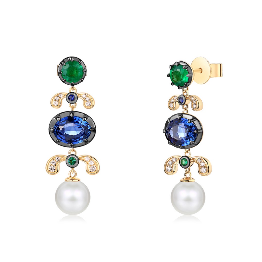 SAPPHIRE & EMERALD PEARL DROP DANGLES